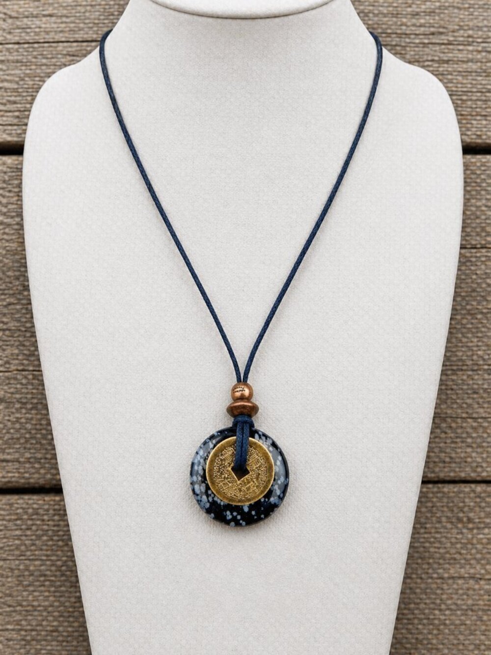 Snowflake Obsidian & Chinese Lucky Coin Necklace | Handmade - Picture 5 of 6